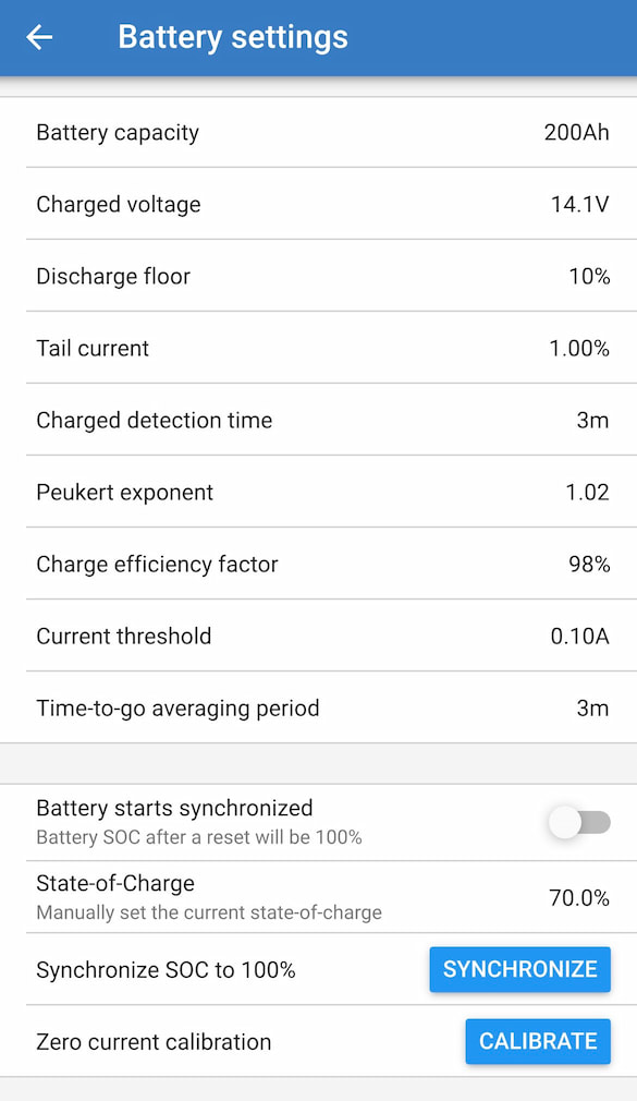 Shunt battery settings app screenshot